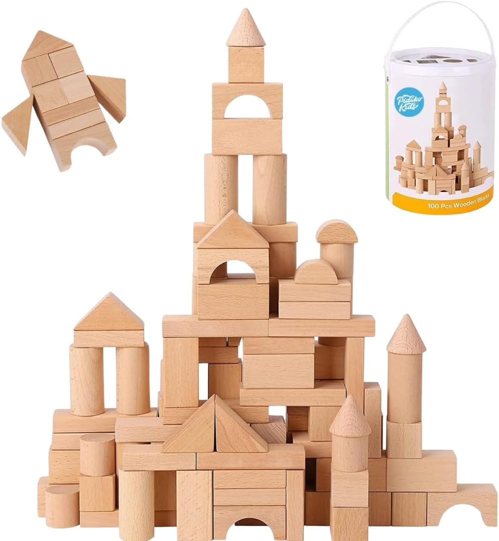 Pidoko Kids Wooden Blocks - 100 Pcs Building Blocks for Toddlers