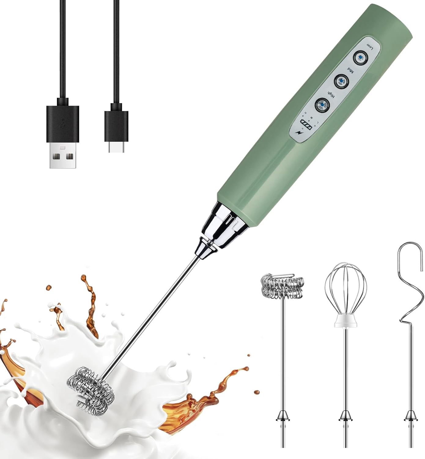 YUSWKO Rechargeable Milk Frother - 3 Heads, 3 Speeds