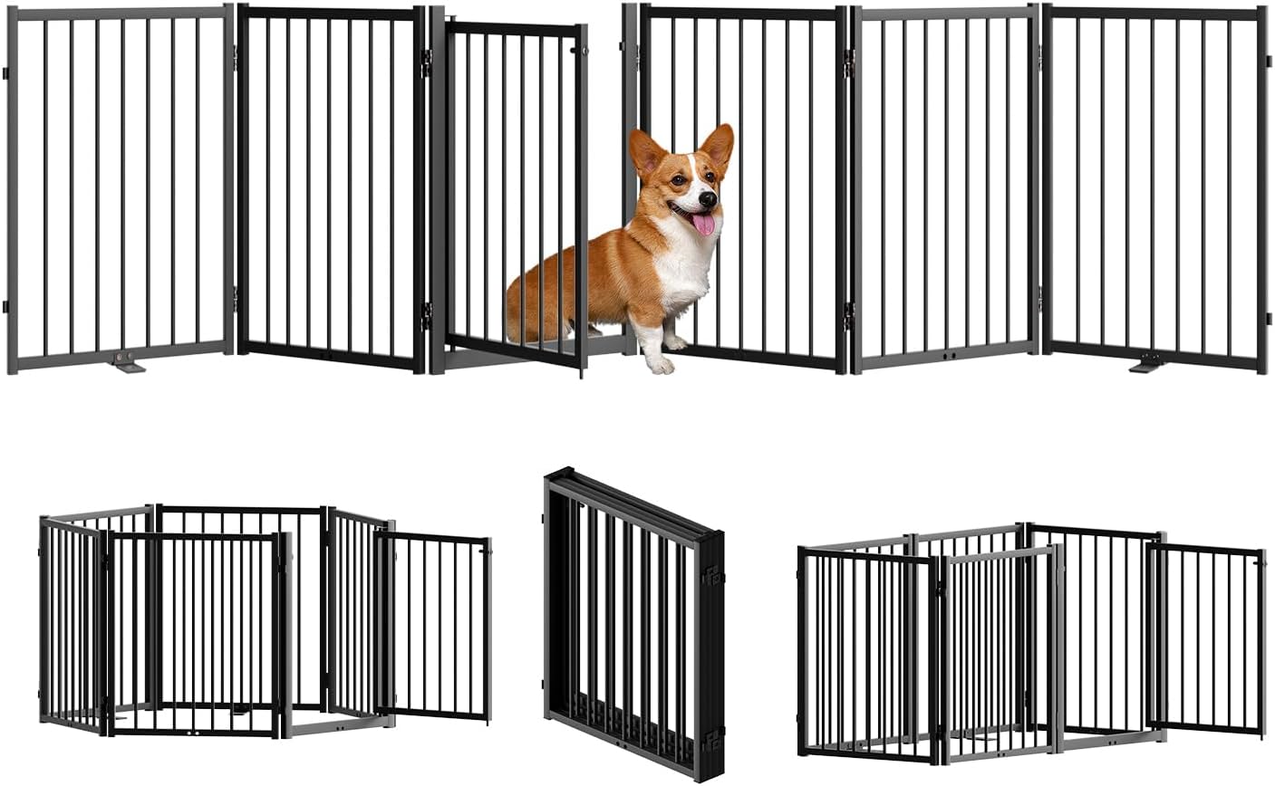 Full Metal Freestanding Dog Gate with Door for Indoor & Outdoor