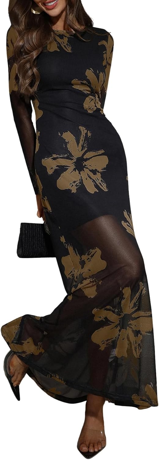 Floral Mesh Maxi Dresses for Women - Elegant Long Sleeve Style