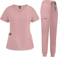 niaahinn Scrub Suit Set for Women V-neck Top & Tapered Jogger Pants go