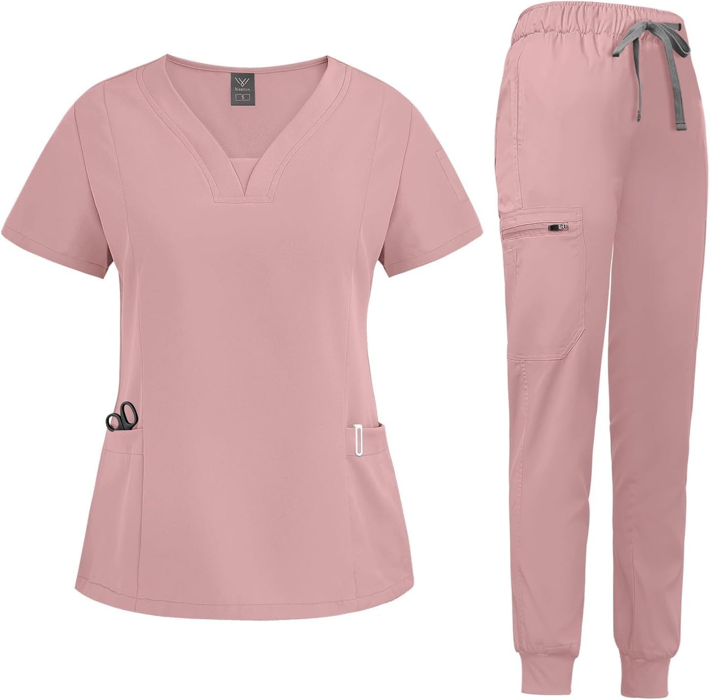 Niaahinn Scrub Suit Set for Women with V-neck Top & Jogger Pants