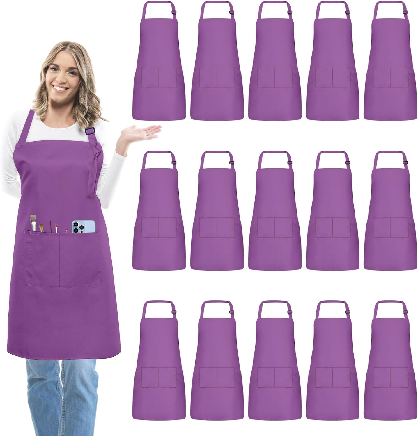 15 Pcs Adjustable Bib Chef Aprons with Pockets for Cooking