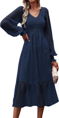 Women's Long Sleeve Swiss Dot Midi Dress - Flattering Fall Style