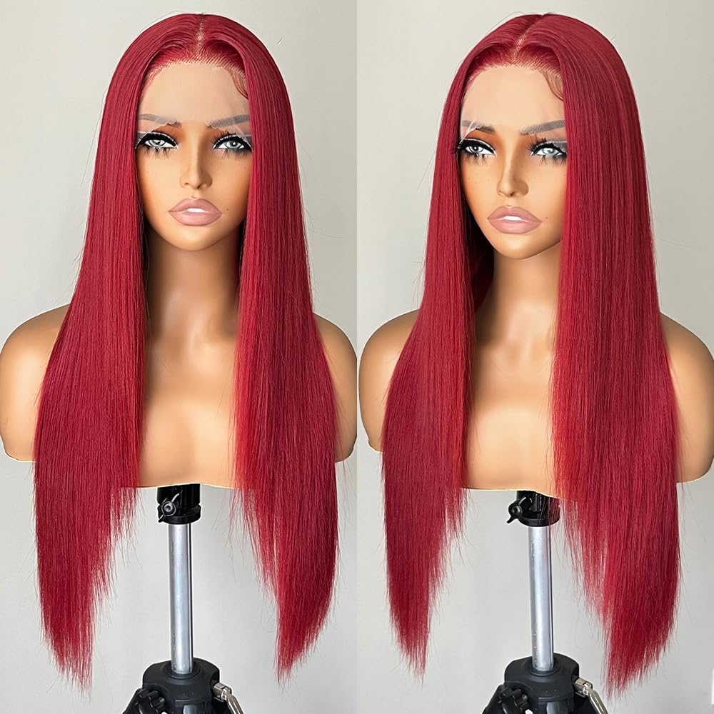 FABLLE Red Lace Front Wig - Long Straight 26 Inch Rose Red
