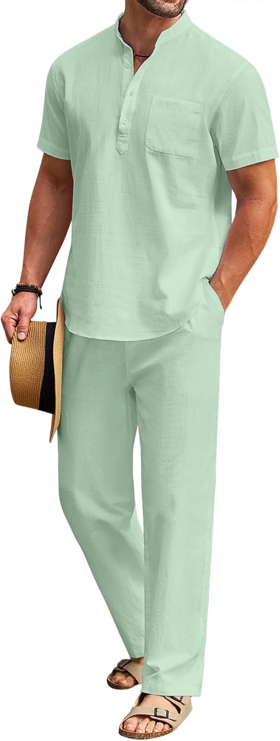 COOFANDY Men's Cotton Linen Set for Summer Beach Outfits