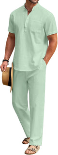 Cotton Linen 2 Piece Men's Summer Set - Breathable Henley & Pants