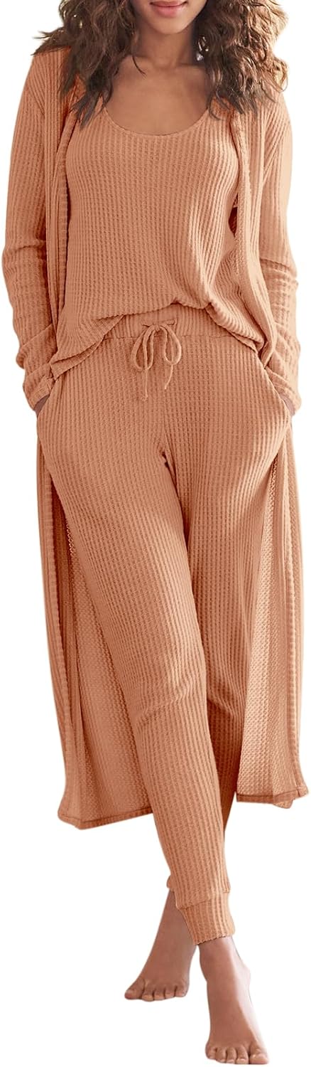 Eurivicy Womens Lounge Set Waffle Knit 3 Piece Pajama Set