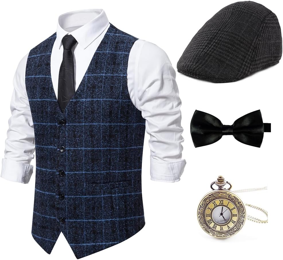 Gatsby Gangster Vest Fedora Hat Suspenders Bow Tie Set for Men