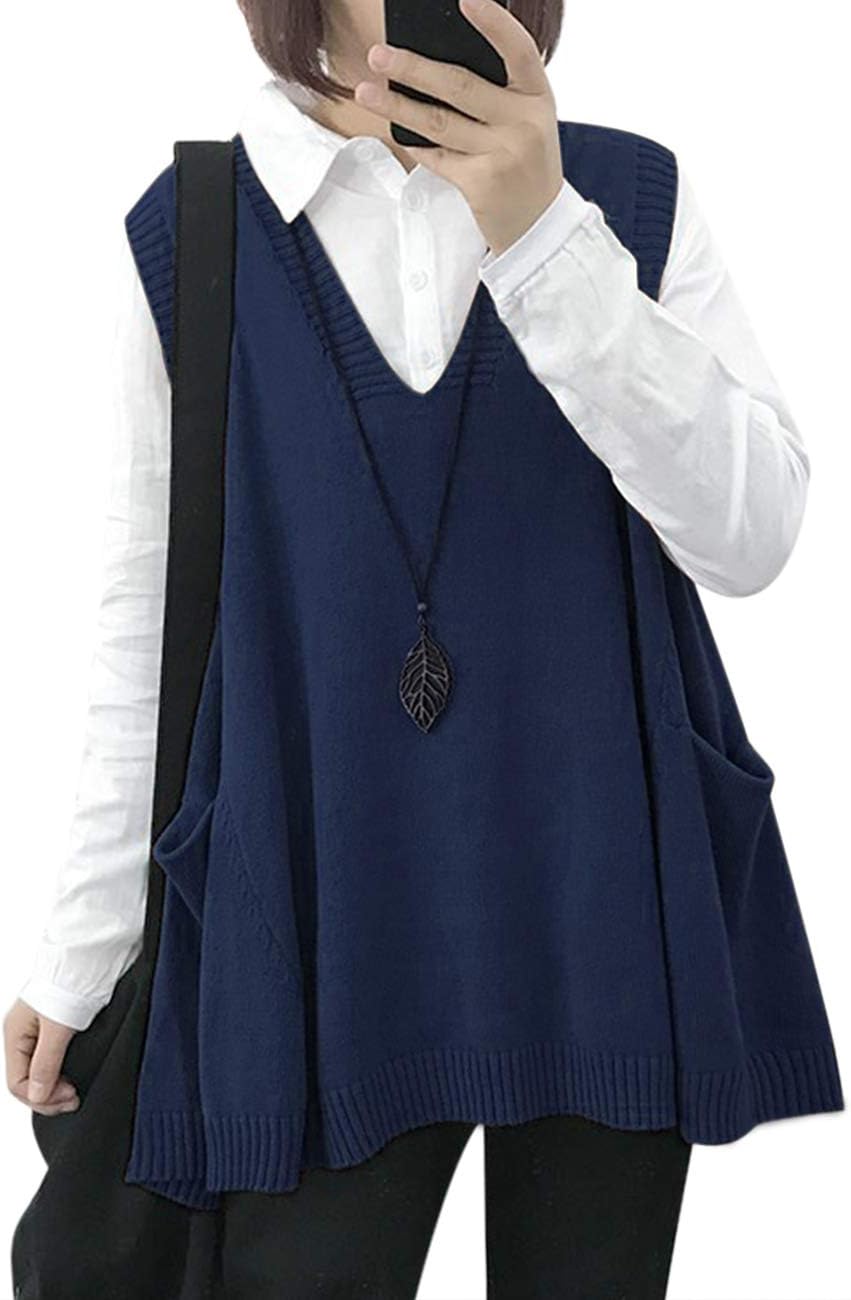 YESNO Oversized Cotton Sweater Vest for Women with Pockets