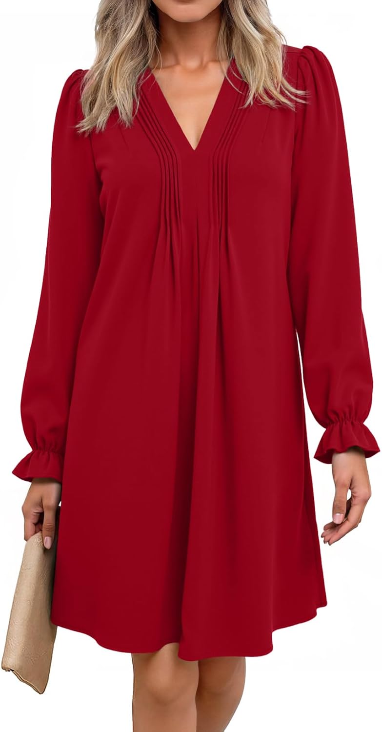 Dokotoo Womens Casual A-Line Ruffle Sleeve V Neck Midi Dress