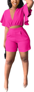 Fooullaide Womens Summer 2 Piece Outfit Set - Flattering V-Neck Crop