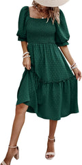 PRETTYGARDEN Women's Puff Sleeve Square Neck A-line Midi Dress - Flowy