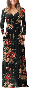 Womens Long Sleeve V Neck Maxi Dress with Pockets - Rayon Blend