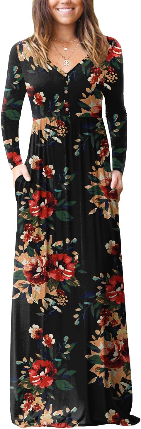 GRECERELLE Womens Long Sleeve V Neck Casual Maxi Dress with Pockets