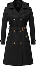Women's Long Trench Coat with Detachable Hood - Water-Repellent