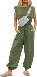 Womens Casual Jumpsuit Crewneck Cap Sleeve - Loose Fit Romper