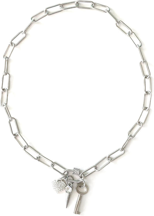 Paper Clip Chain Necklace with Rhinestone Carabiner Charms