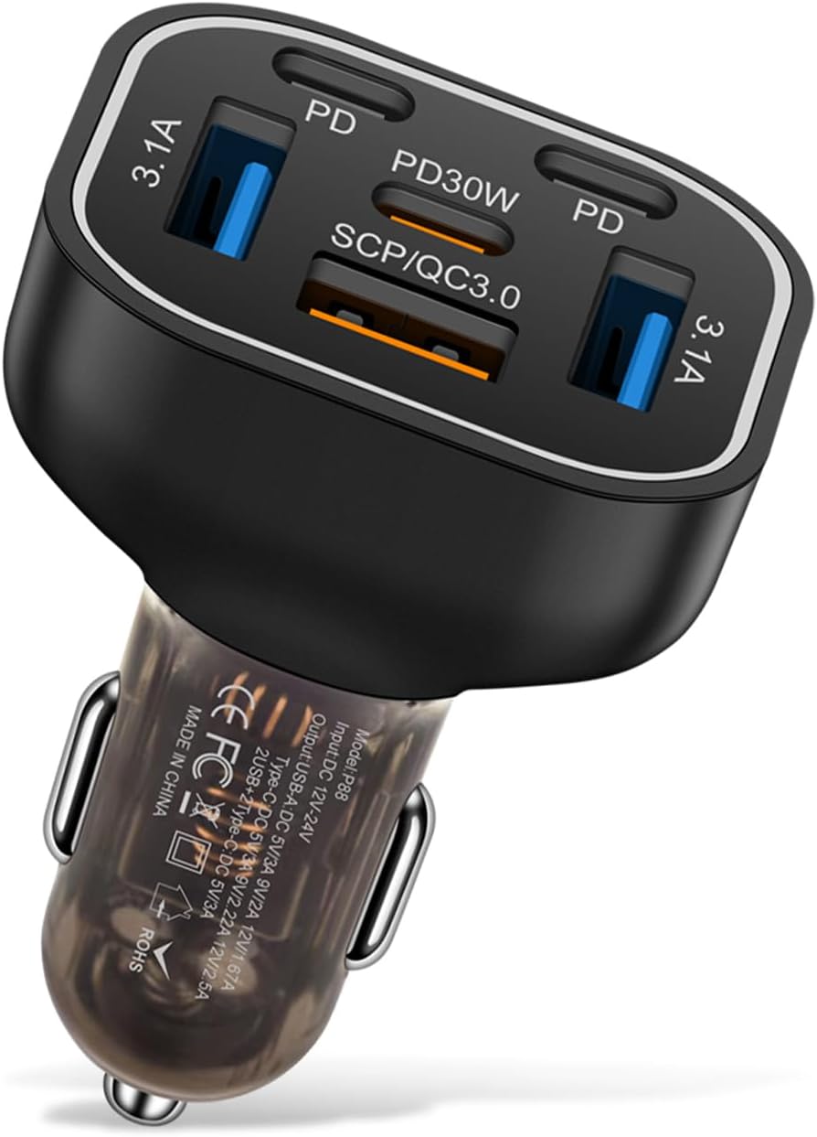 Fast Charge 6-Port USB C Car Charger - PD30W - Compatible with iPhone, Samsung & More!