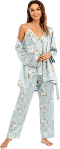 Women's Silk Satin Pajama Set 3-Piece Floral Cami Robe Pant - Soft