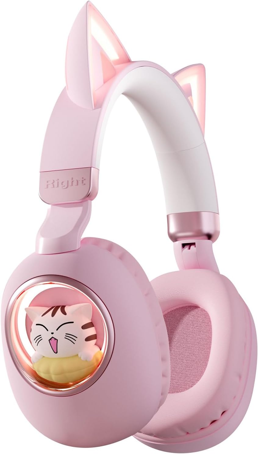 Pink Cat Ear Headphones for Kids with Color-changing LEDs