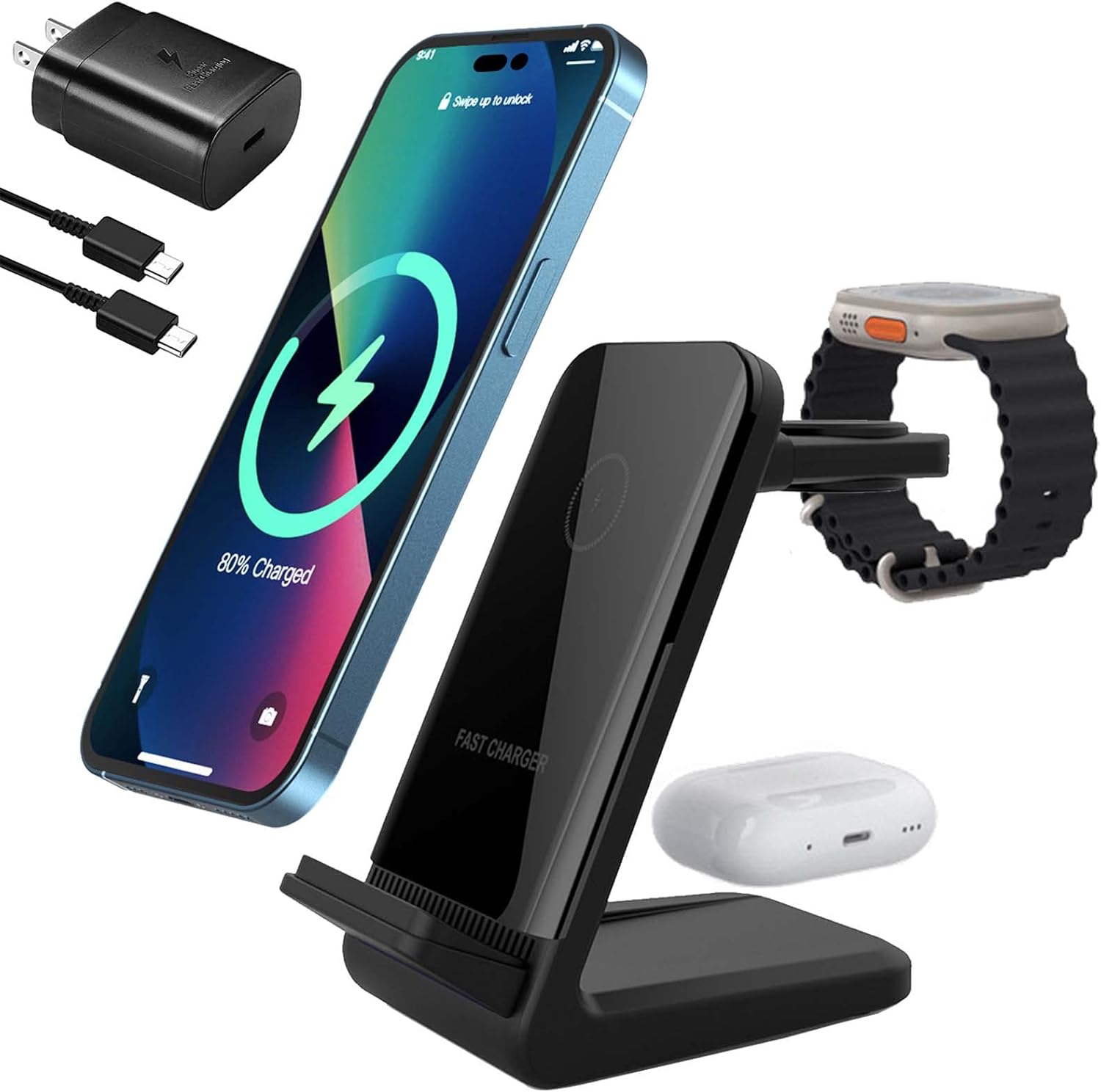 3-in-1 Fast Charger Stand for Apple Watch, iPhone & AirPods - PCTC