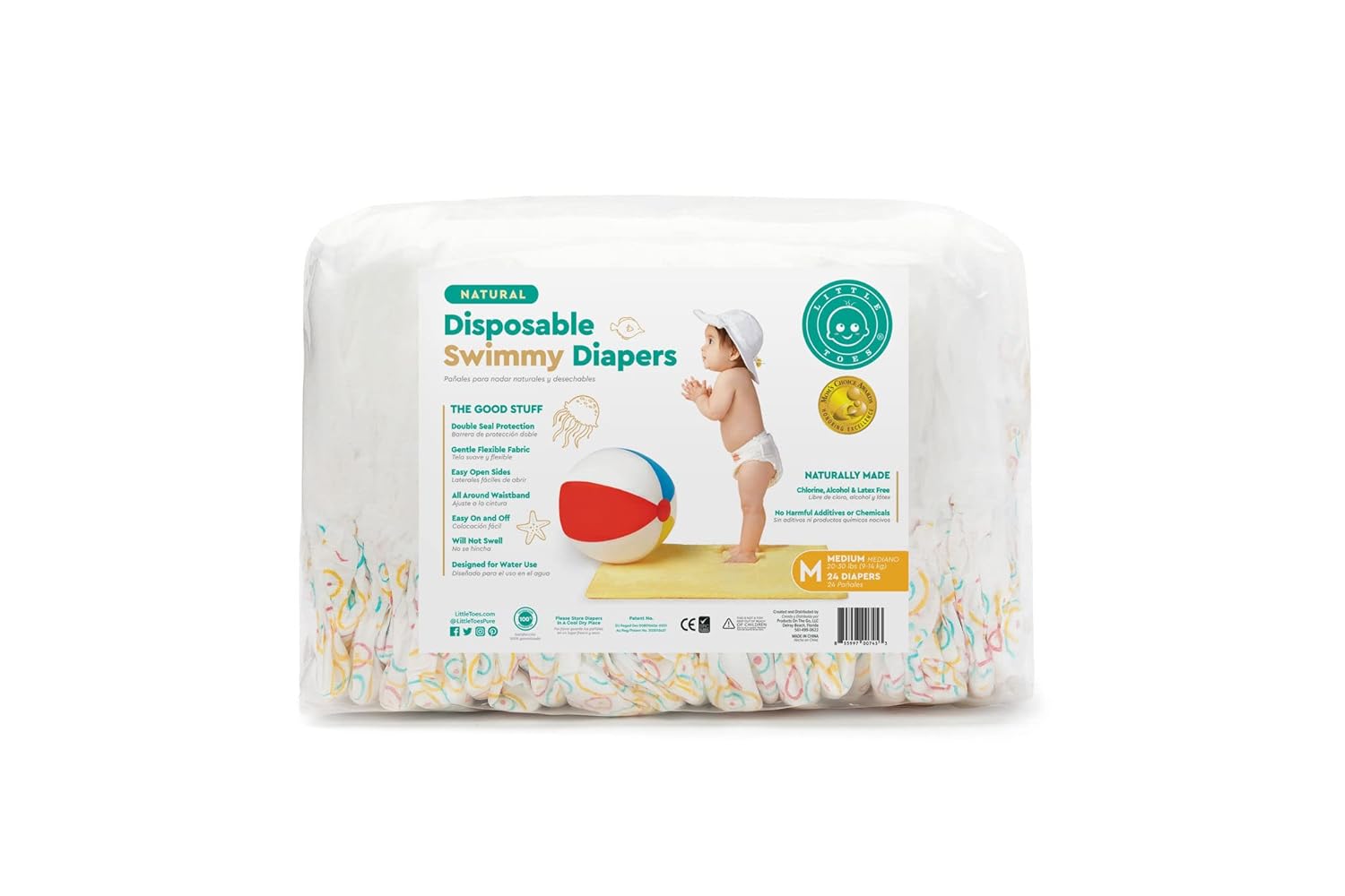 24 Pack Little Toes Swimmy Diapers - Natural & Disposable - Size 3-4 Medium