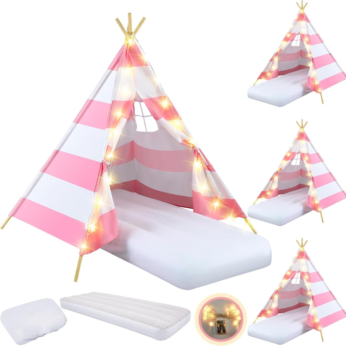 4 Pack Teepee Tent for Kids Slumber Party with Mattress Set