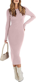 Womens Long Sleeve Ribbed Sweater Dress Midi - Slim Fit Crewneck