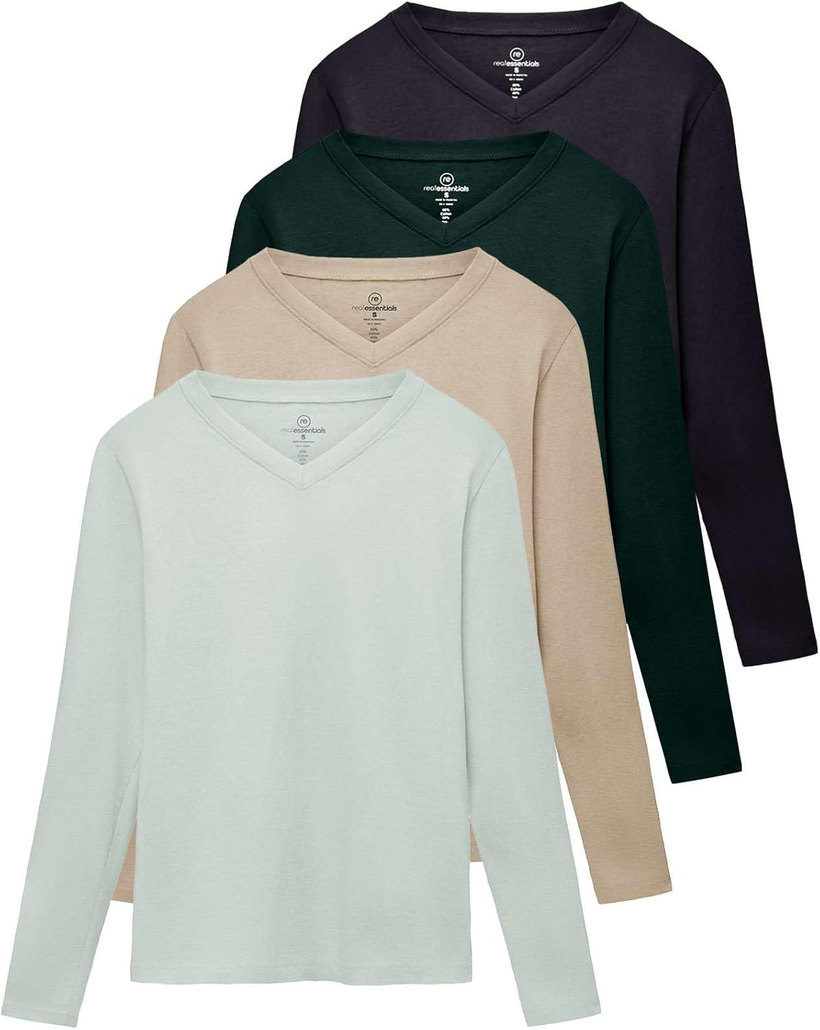 Real Essentials Women's V-Neck Long Sleeve T-Shirt 4 Pack