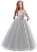 Girls Floral Lace Floor Length Party Dress with 3/4 Sleeves