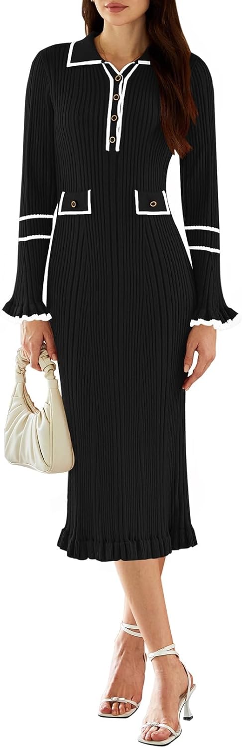Pink Queen Women's V Neck Bodycon Sweater Dress for Fall Style