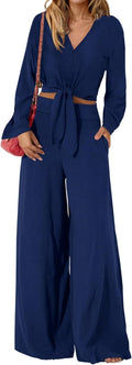 Women's 2 Piece Outfits V Neck Crop Top Wide Leg Pant Set