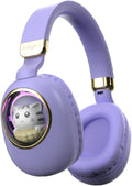 Purple Kids Bluetooth Headphones Wired with Microphone - Light Up Cat