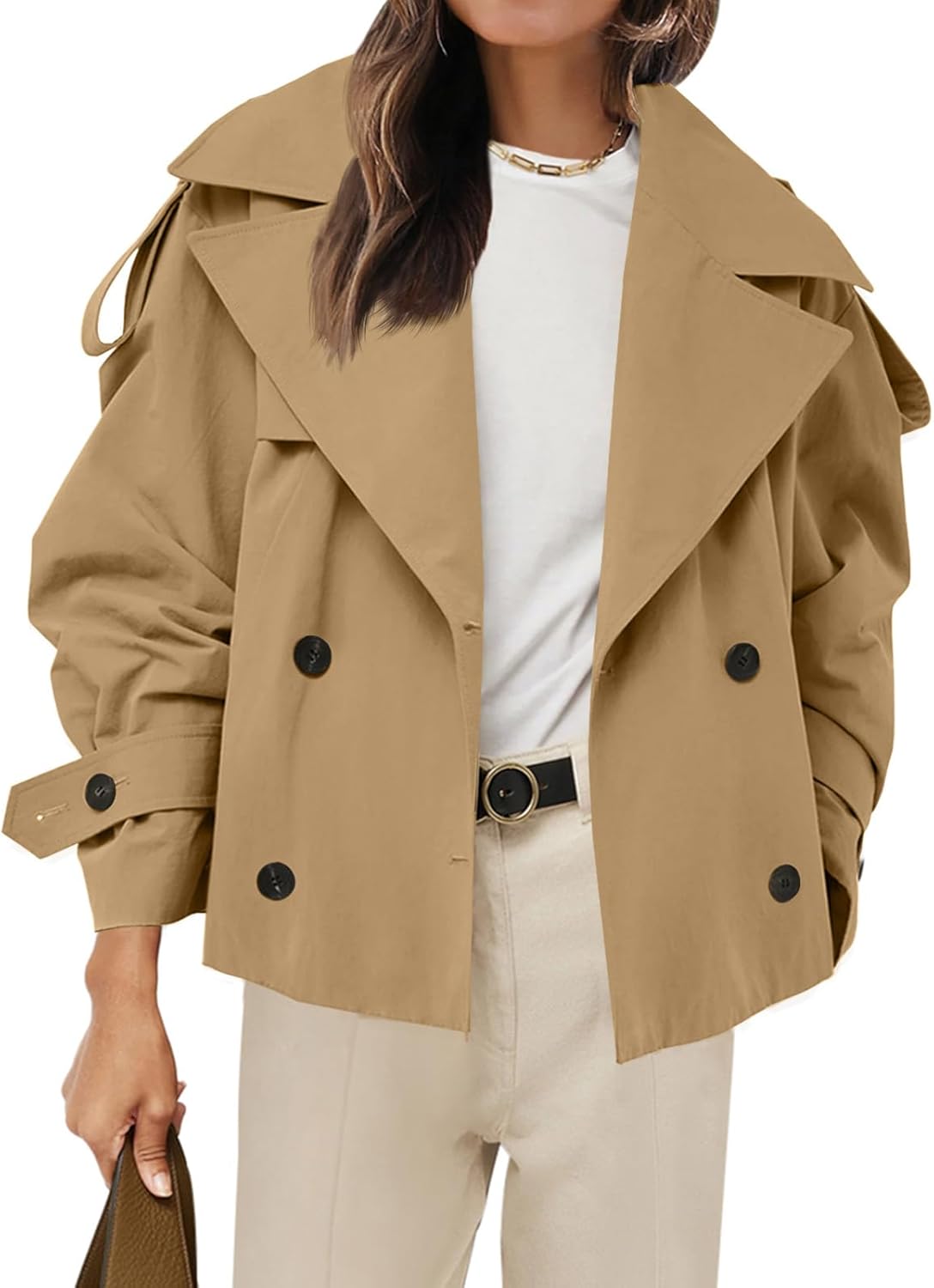 Womens Cropped Trench Coat Casual Double Breasted Short Jacket