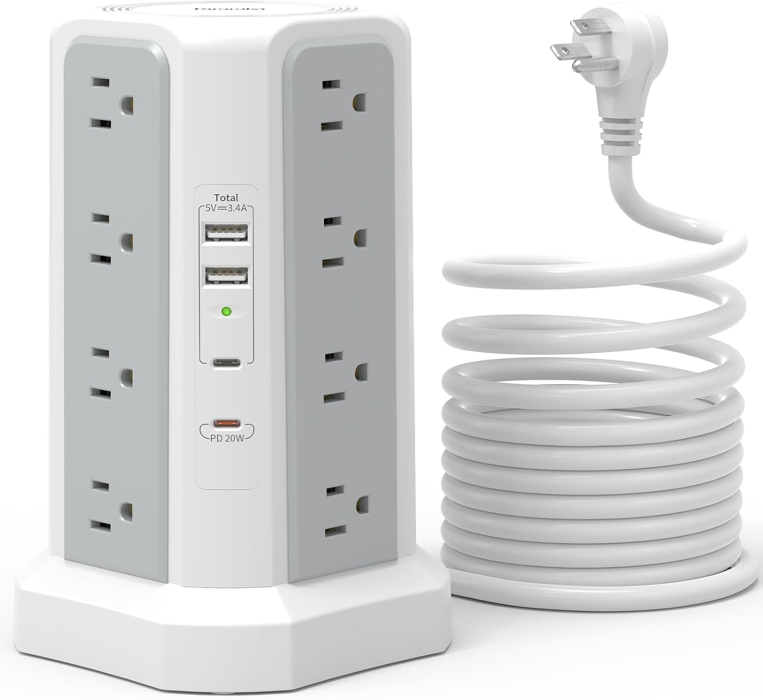 Fararaka Tower Power Strip: 20W PD USB-C, 13A Thicker Cord, 6FT Extension