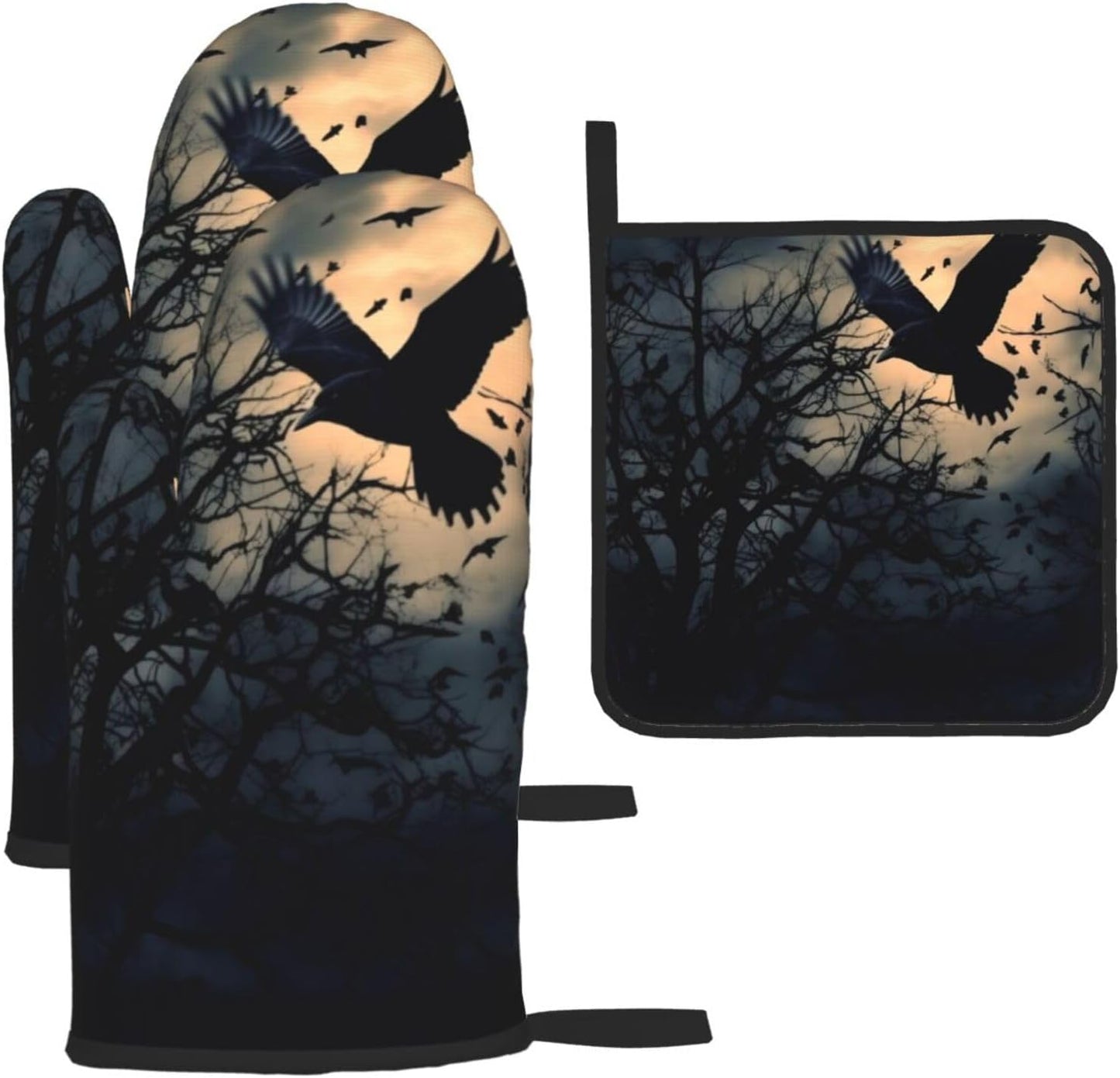 3D Insulated Oven Mitts Set - Cute Night Crow Design