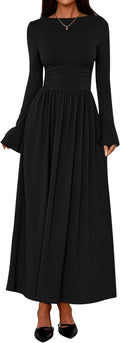 Long Sleeve Maxi Dress with Ruched Side and Boat Neck - Elegant Fit
