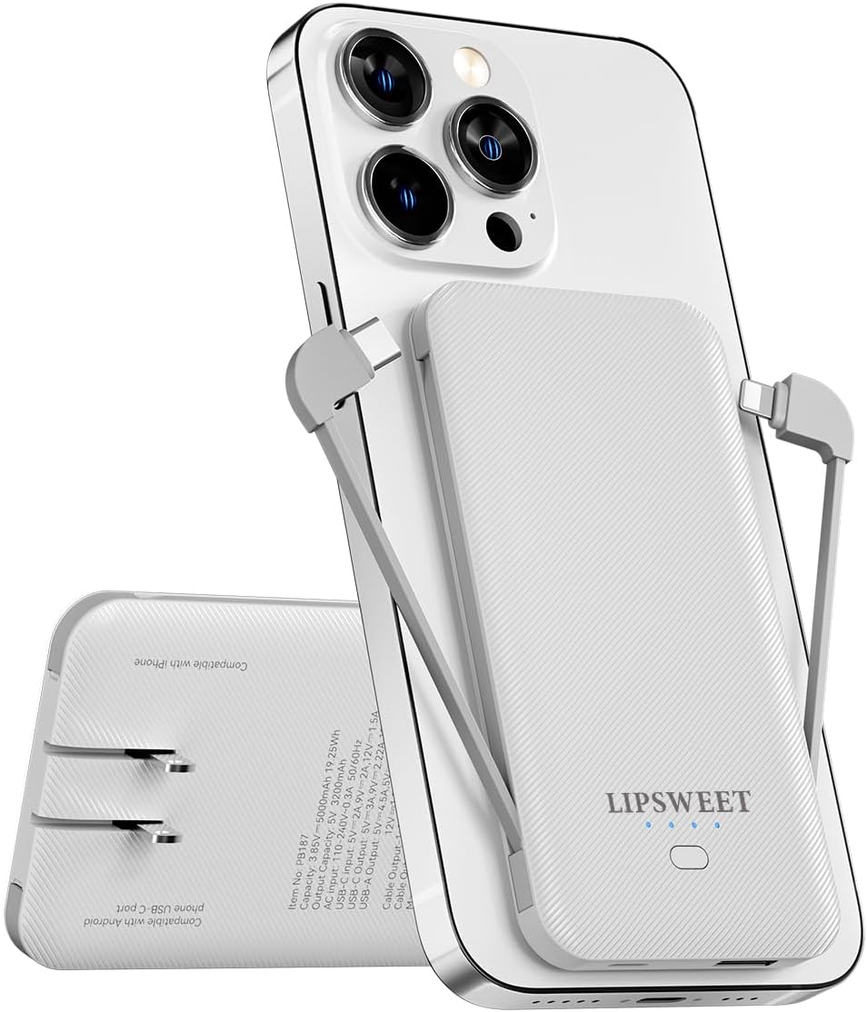 5000mAh Fast Charge Power Bank with Built-in Cables - LIPSWEET
