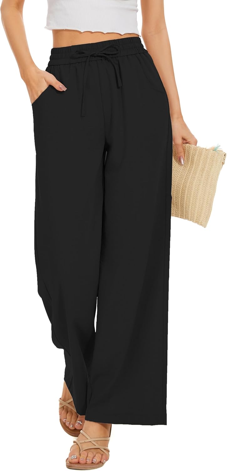 Women Flowy Pants Drawstring Waist Wide Leg Palazzo Beach Pants