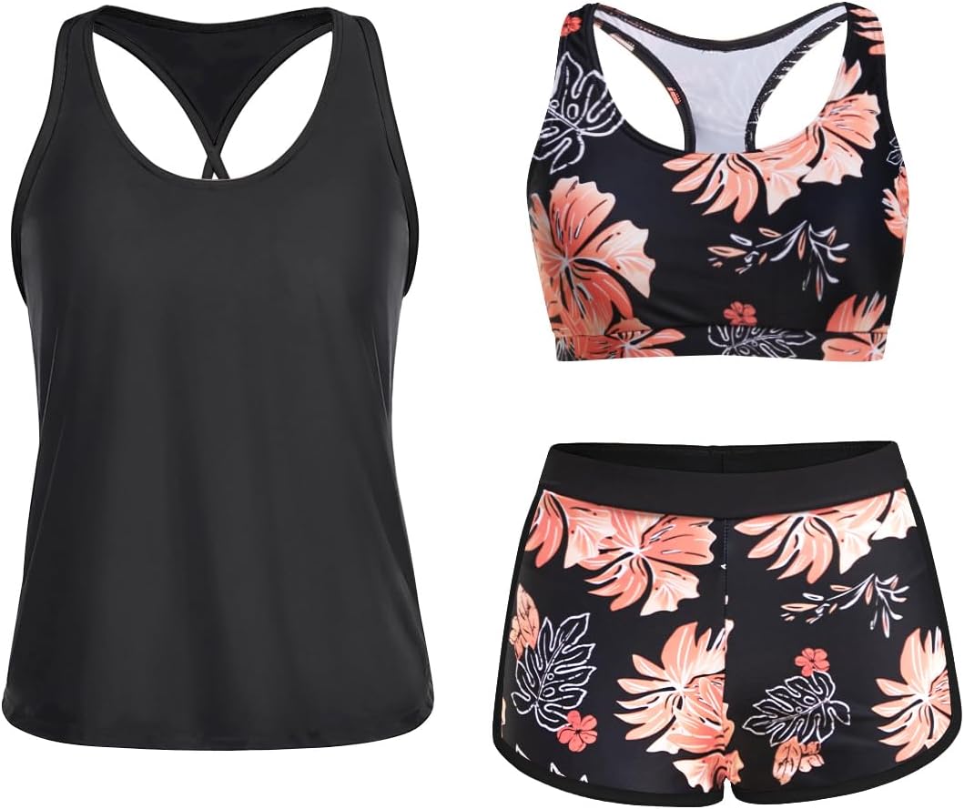 Yonique 3 Piece Athletic Tankini Swimsuits with Shorts for Women
