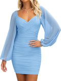 Women's V Neck Ruched Bodycon Mini Dress - Sheer Puff Sleeves