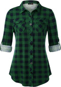 Womens Soft Stretchy Knit Plaid Shirt - Roll Up Long Sleeve Button