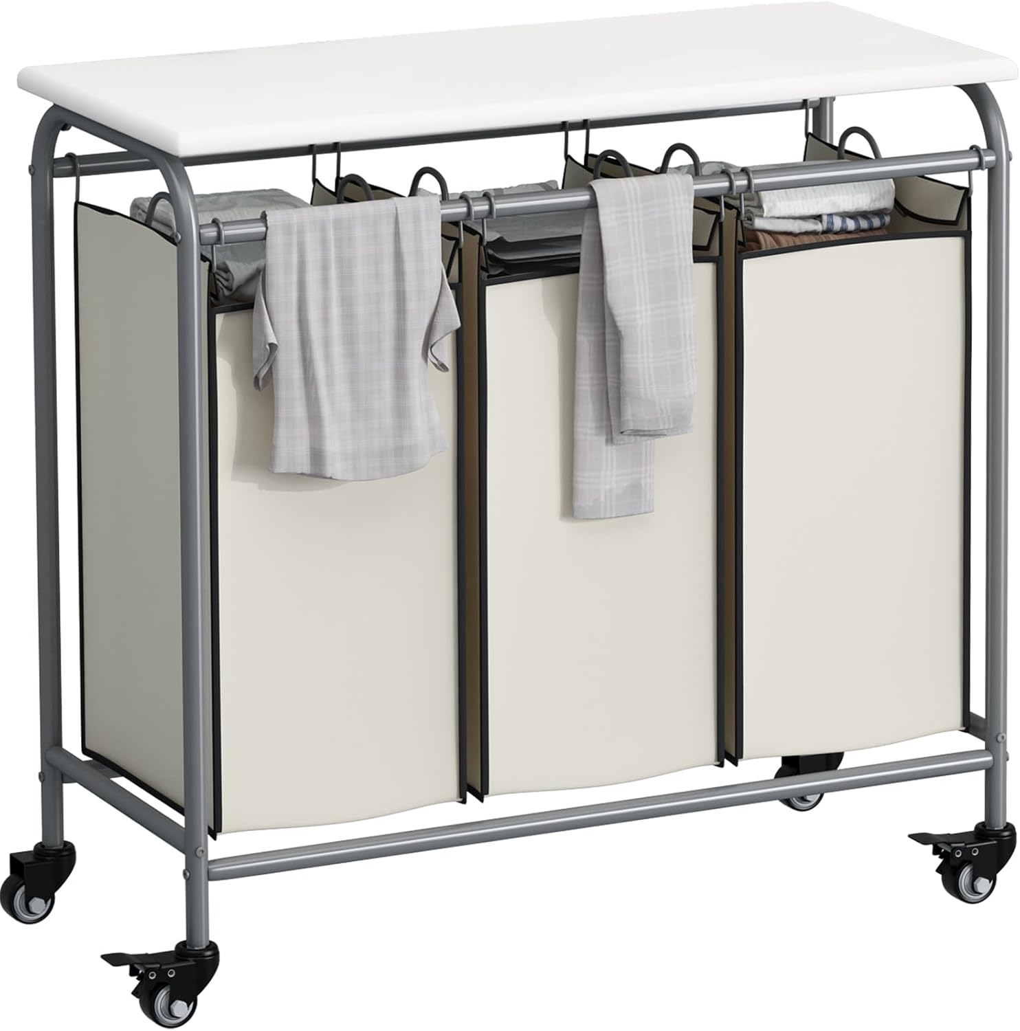 LINZINAR 3 Bag Laundry Basket Sorter with Ironing Board and Wheels