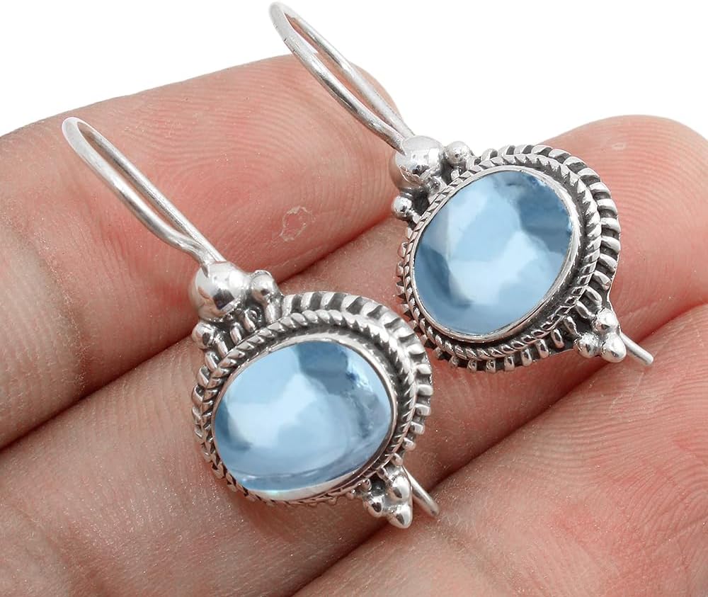 Solid 925 Sterling Silver Dangling Earrings with Blue Topaz
