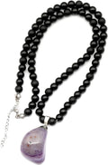 Natural Raw Tourmaline Pendant Black Onyx 8mm Bead Necklace - Durable