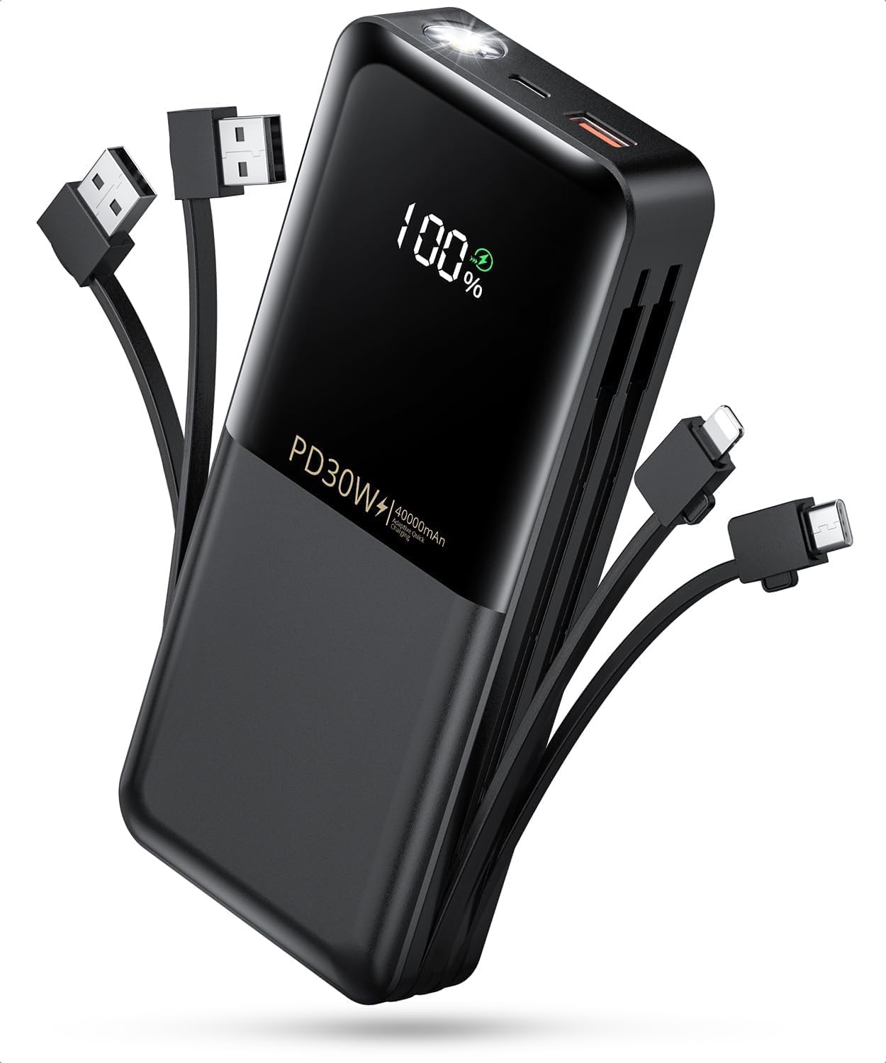 QiSa 40000mAh Fast Charger with Dual Cables & Flashlight