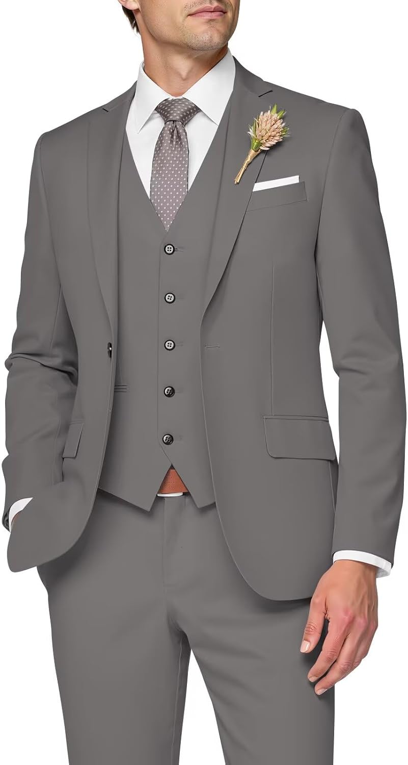3 Piece Slim Fit Wedding Suit for Men - Elegant Gray Set