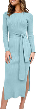 Womens Long Sleeve Sweater Dress Crew Neck Slim Fit Midi - Flattering