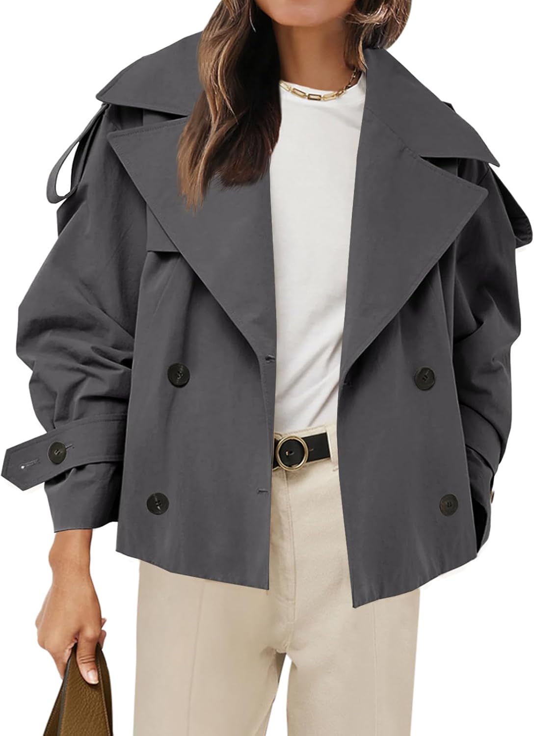 Womens Cropped Trench Coat Casual Double Breasted Short Jacket